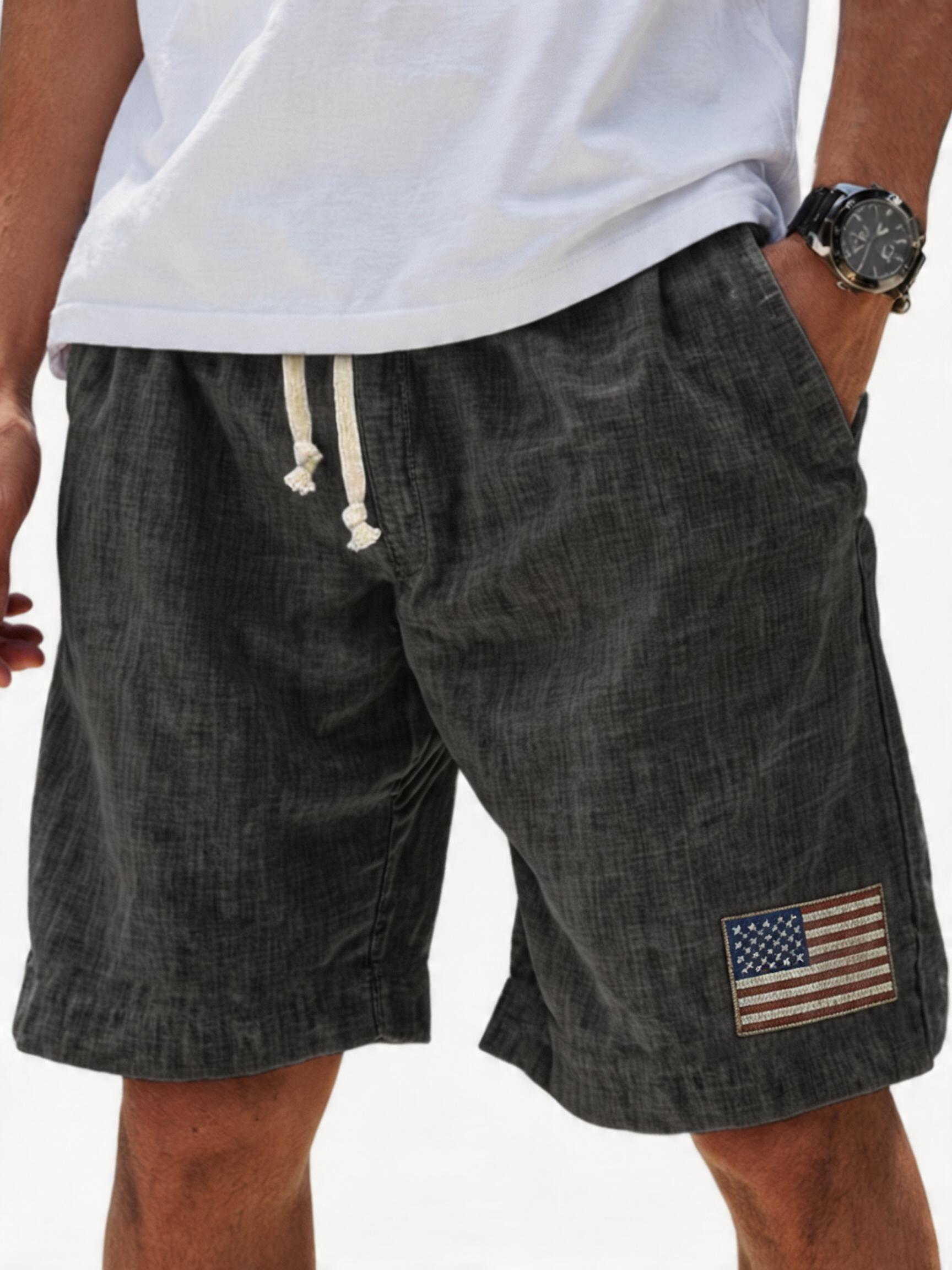 Men's Breathable Linen Embroidered Logo Loose Holiday Shorts