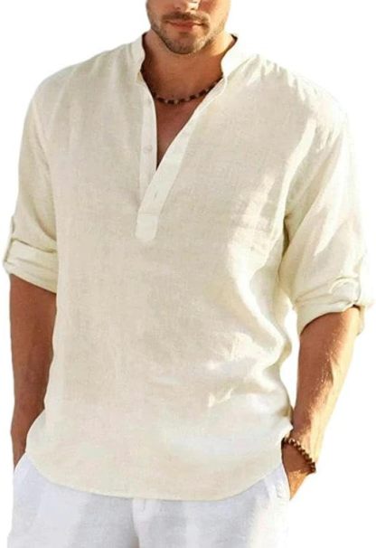 Men's Casual Cotton Linen Long Sleeve T-Shirt Breathable Lightweight Tops