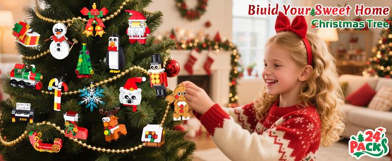 24 Days Christmas Countdown Ornaments Building Set with Hanging Christmas Tree, Wreath, Santa, Snowman, Gingerbread, Reindeer, Nutcracker Snowflakes Xmas Stocking Stuffer Decor Toy Gift for Kids Girl Boys  Ages 6+