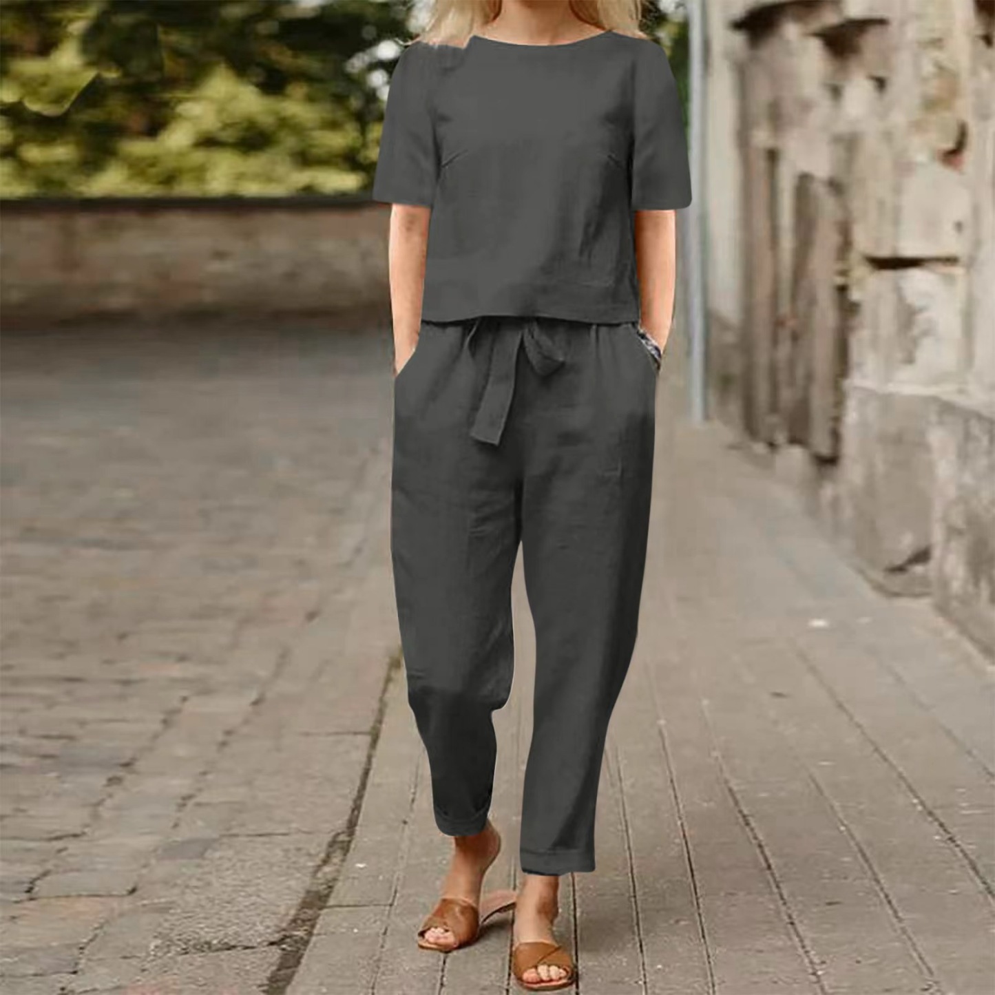 2026 new women's cotton and linen set half sleeve + wide leg pants