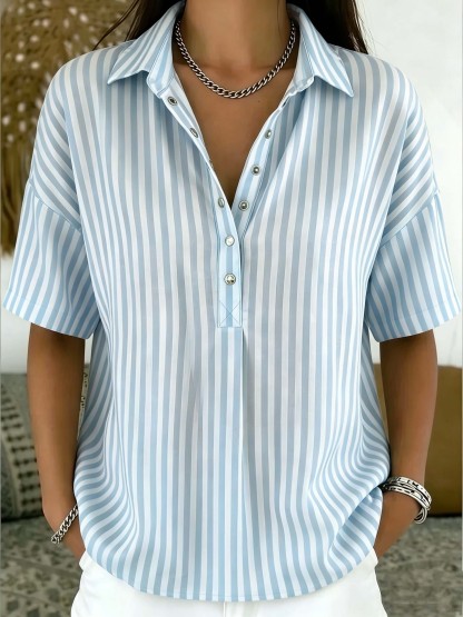 Casual Striped Polo Collar Snap Buttons Cotton Linen Shirt