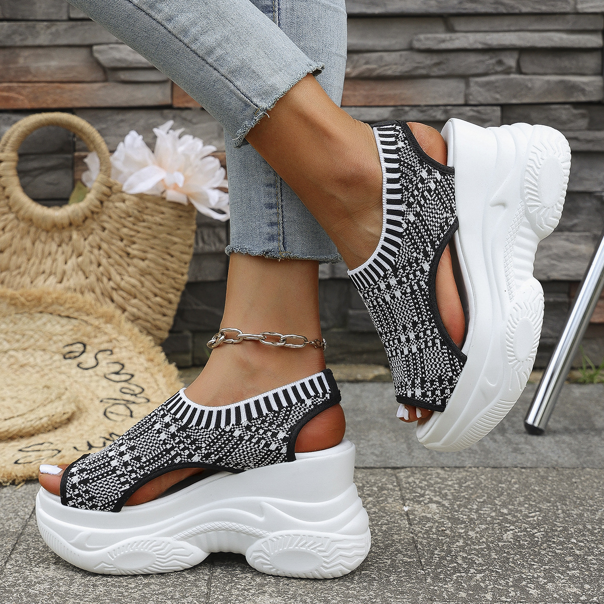 Breathable Knit Platform Wedge Sandals – Easy Slip-On with Arch Support