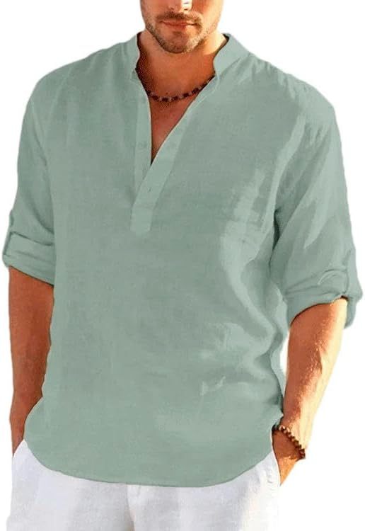 Men's Casual Cotton Linen Long Sleeve T-Shirt Breathable Lightweight Tops