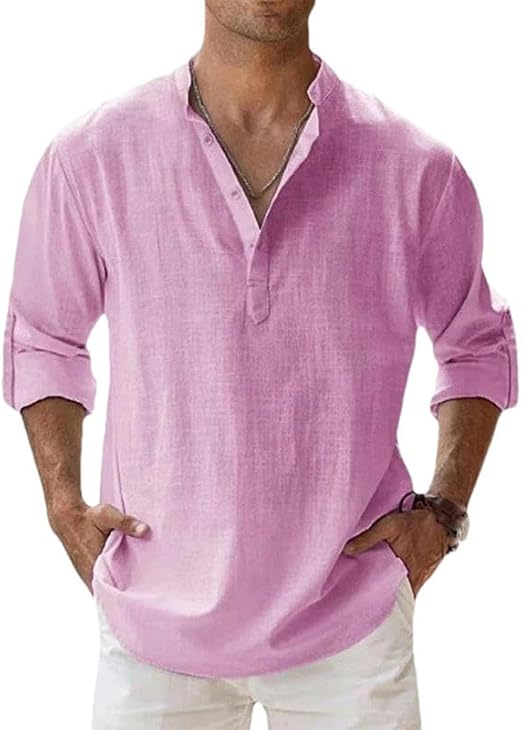 Men's Casual Cotton Linen Long Sleeve T-Shirt Breathable Lightweight Tops