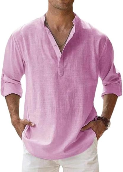 Men's Casual Cotton Linen Long Sleeve T-Shirt Breathable Lightweight Tops