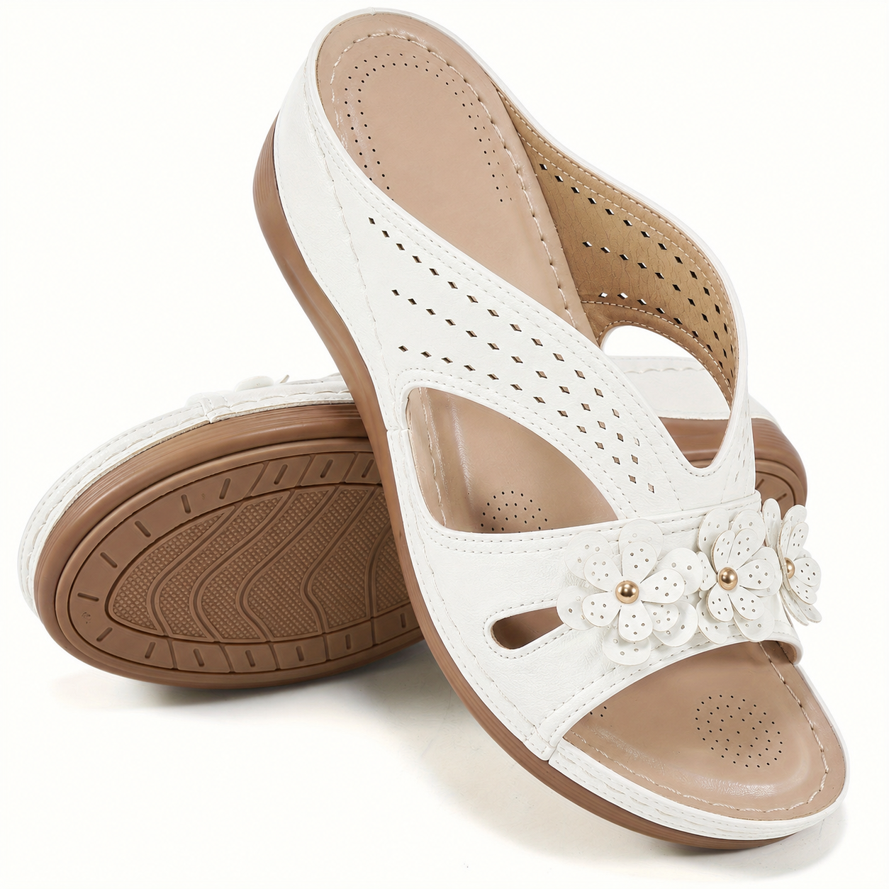 Women Wedge Heel Thick Soled Hollow Rivet Flower Slippers