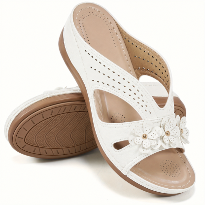 Women Wedge Heel Thick Soled Hollow Rivet Flower Slippers