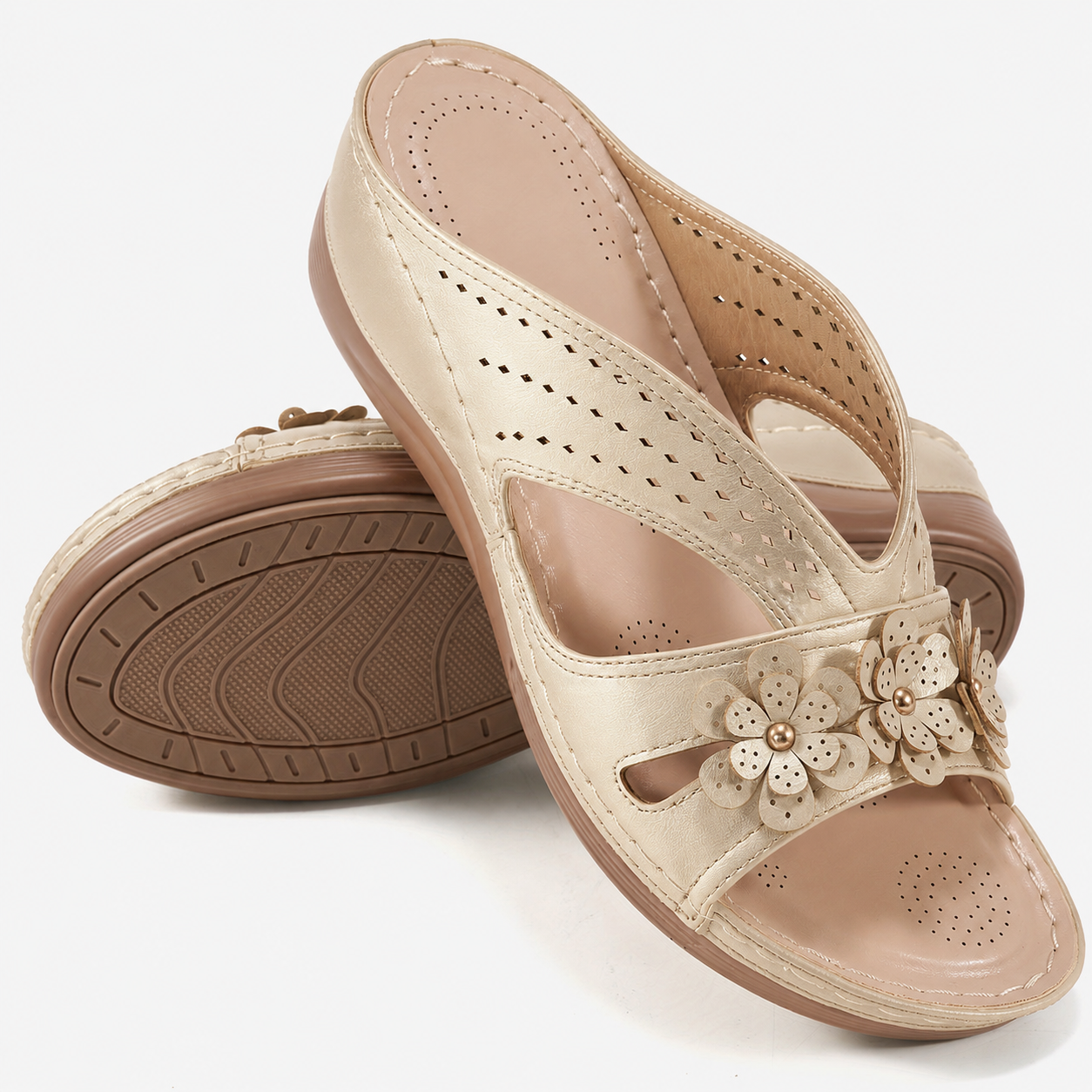 Women Wedge Heel Thick Soled Hollow Rivet Flower Slippers