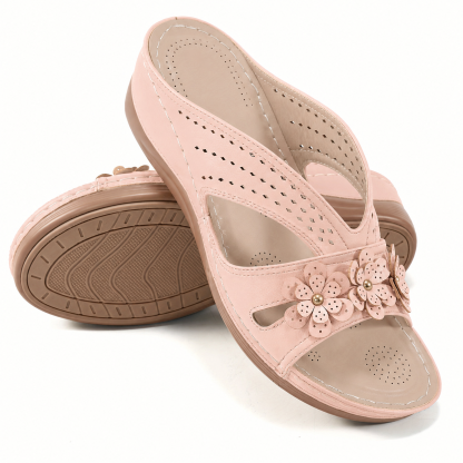 Women Wedge Heel Thick Soled Hollow Rivet Flower Slippers