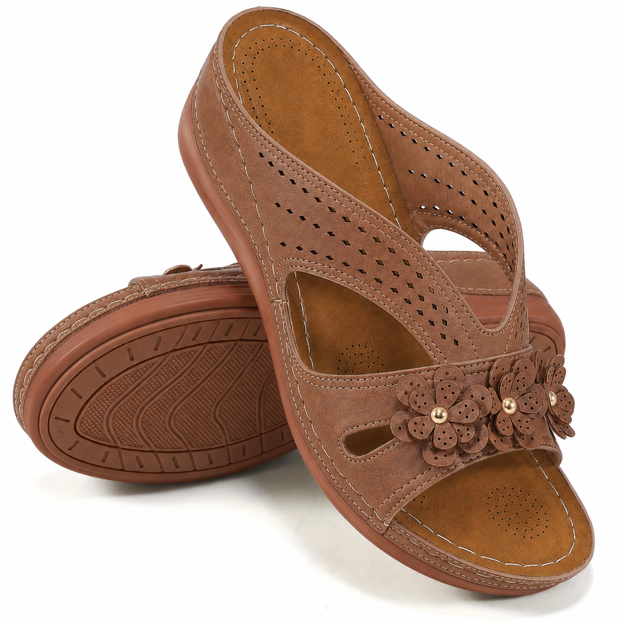 Women Wedge Heel Thick Soled Hollow Rivet Flower Slippers