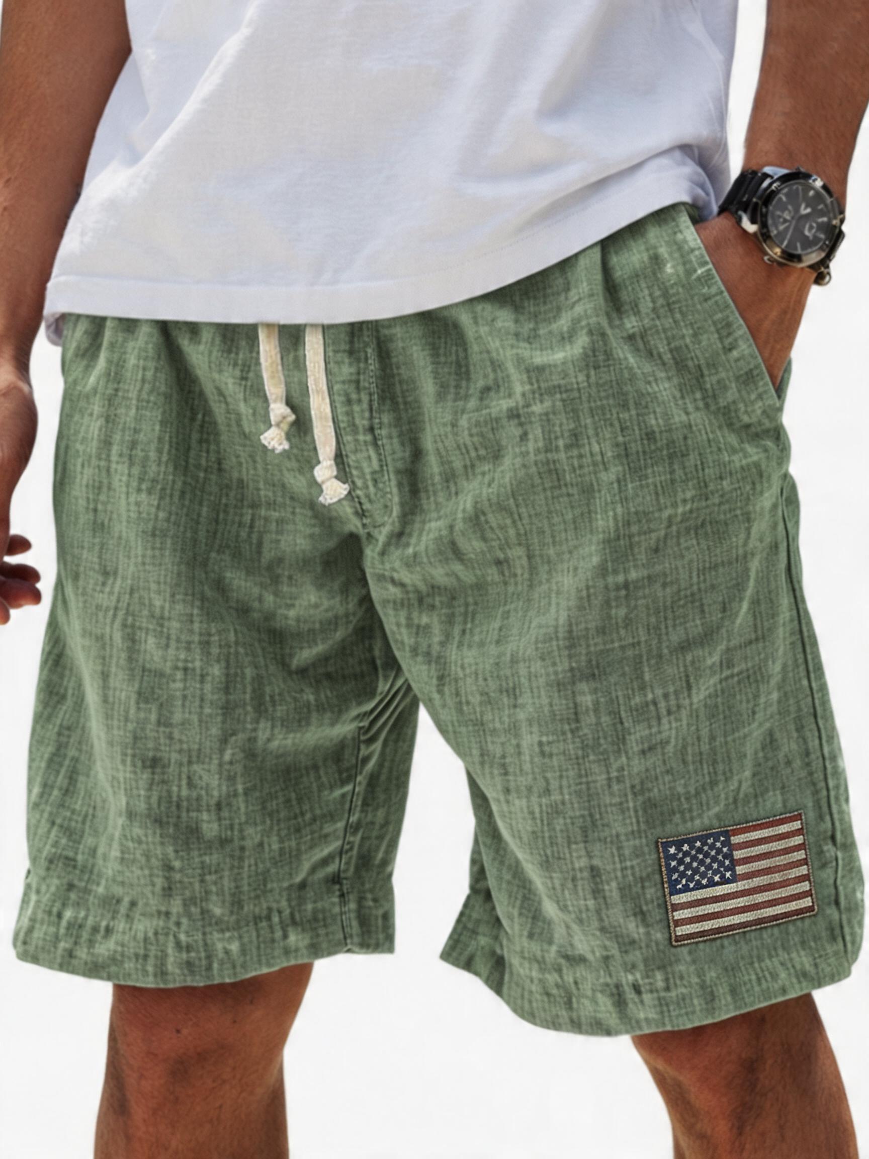 Men's Breathable Linen Embroidered Logo Loose Holiday Shorts