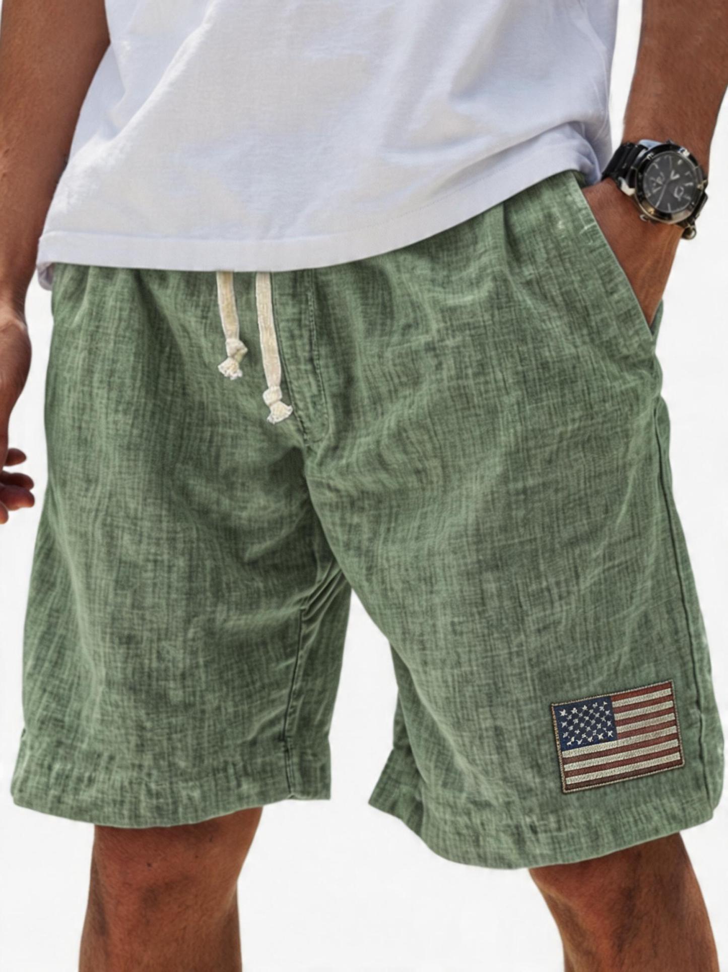 Men's Breathable Linen Embroidered Logo Loose Holiday Shorts