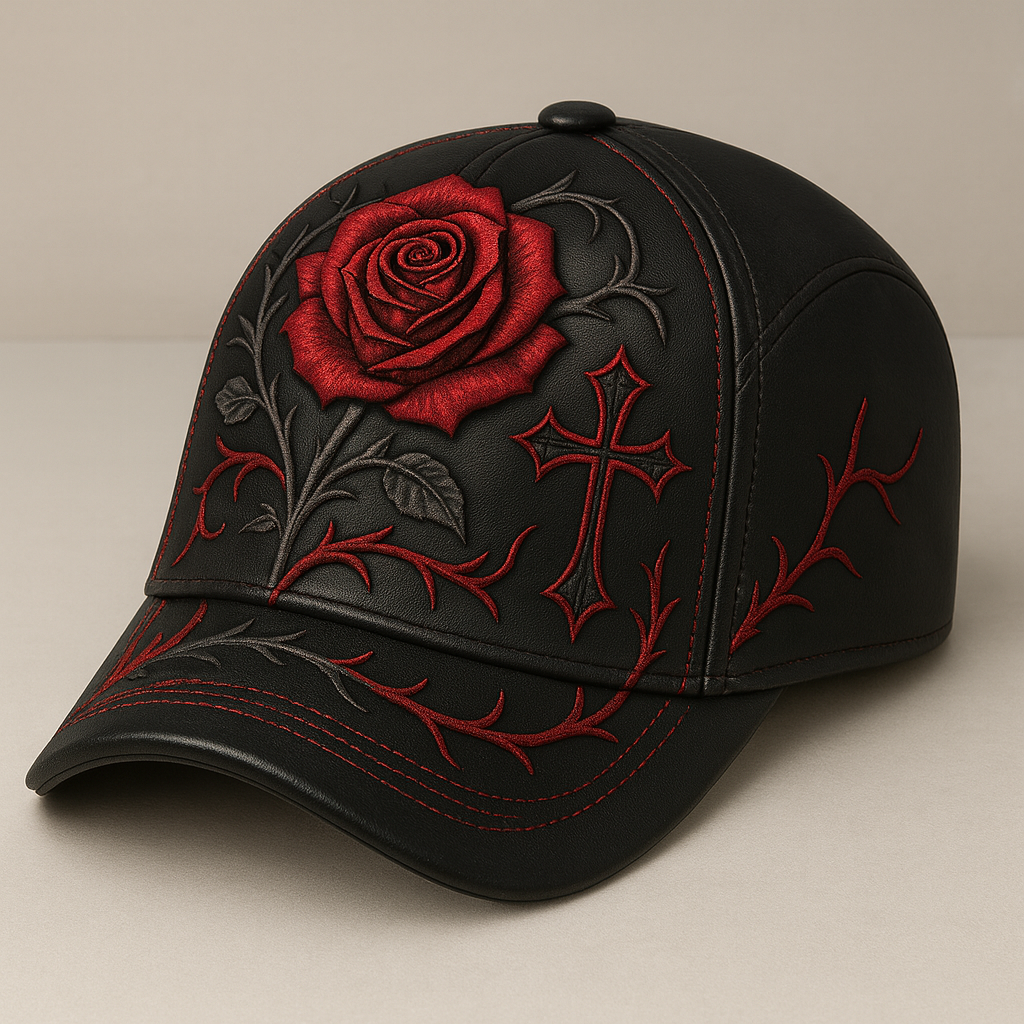 🧢 Gothic Crimson Rose Baseball Cap | Black Leather Look