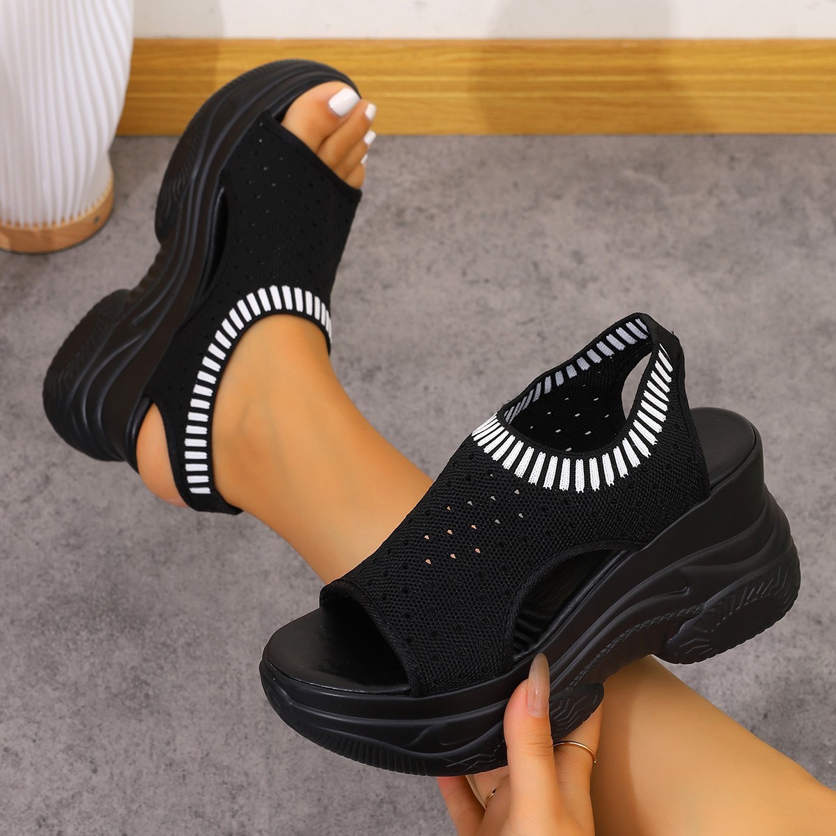 Breathable Knit Platform Wedge Sandals – Easy Slip-On with Arch Support