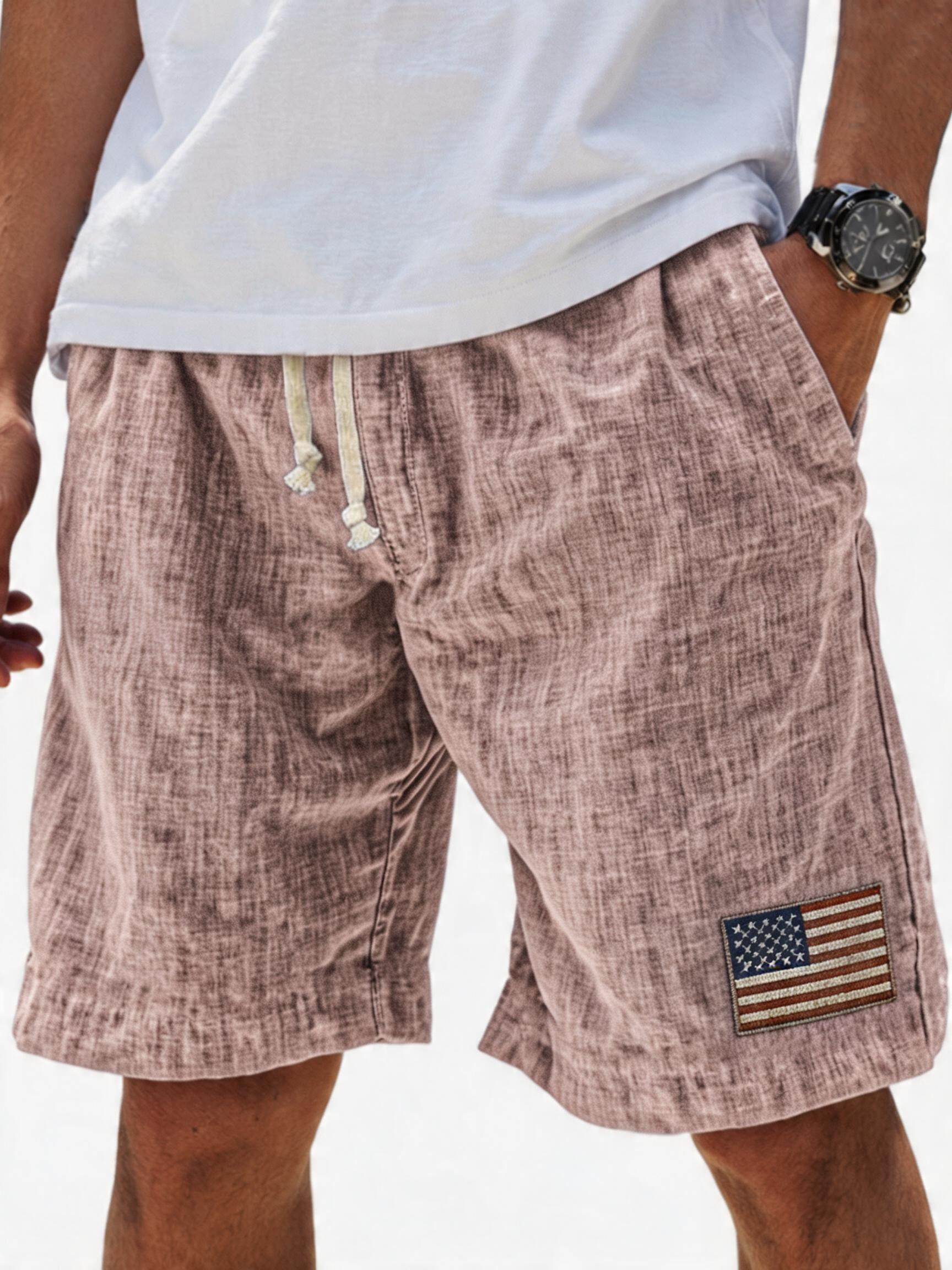 Men's Breathable Linen Embroidered Logo Loose Holiday Shorts