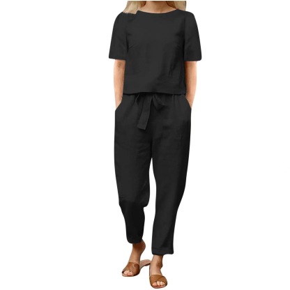 2026 new women's cotton and linen set half sleeve + wide leg pants
