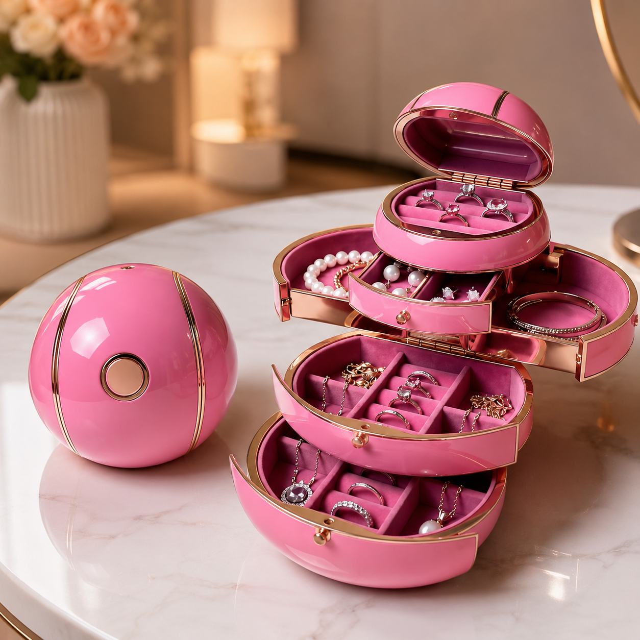 One-Touch Flower-Opening Spherical Jewelry Box