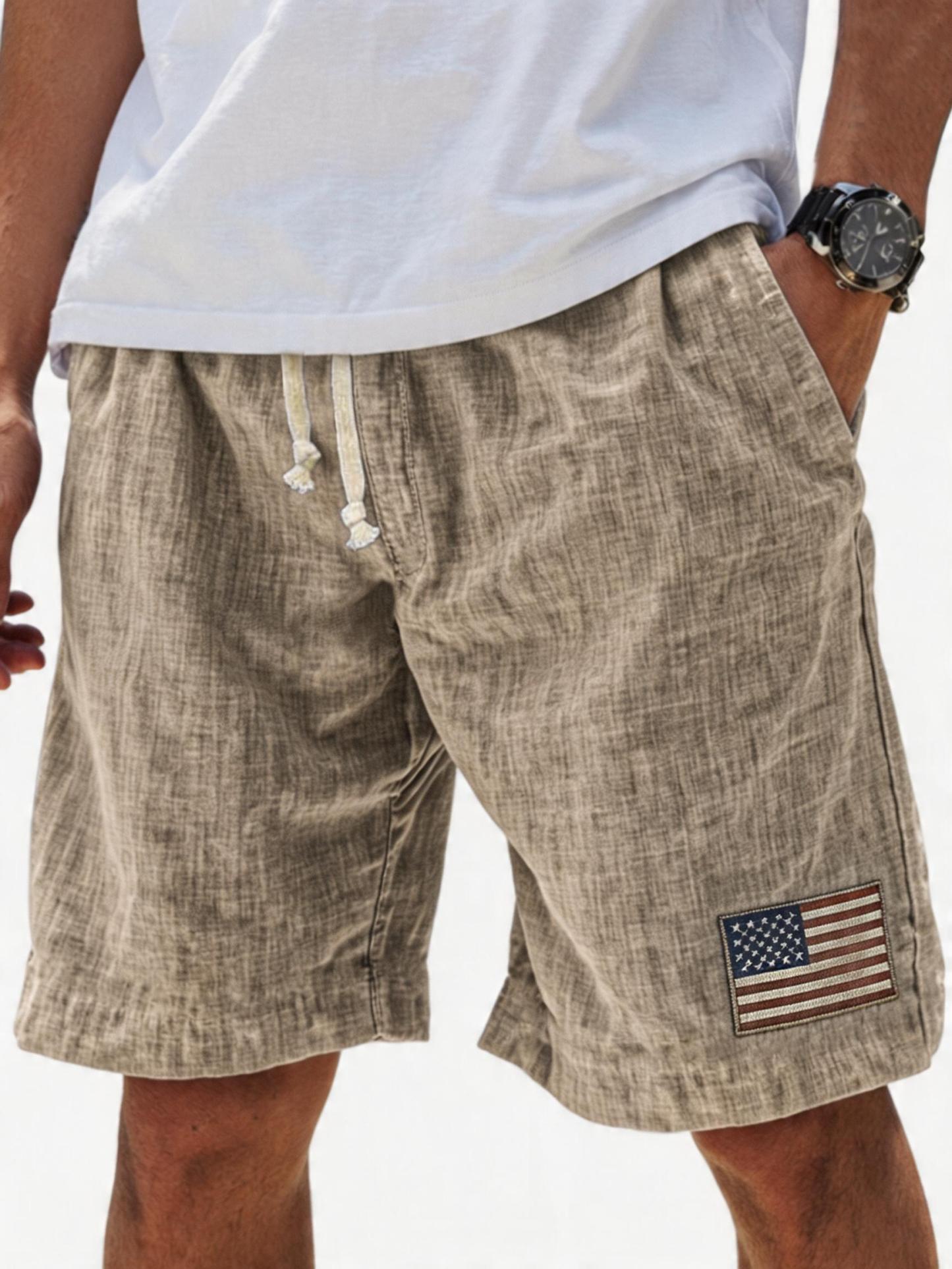 Men's Breathable Linen Embroidered Logo Loose Holiday Shorts