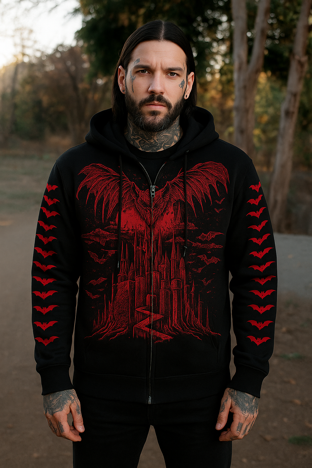 Blood Bat Castle – Red Gothic Zipper Hoodie