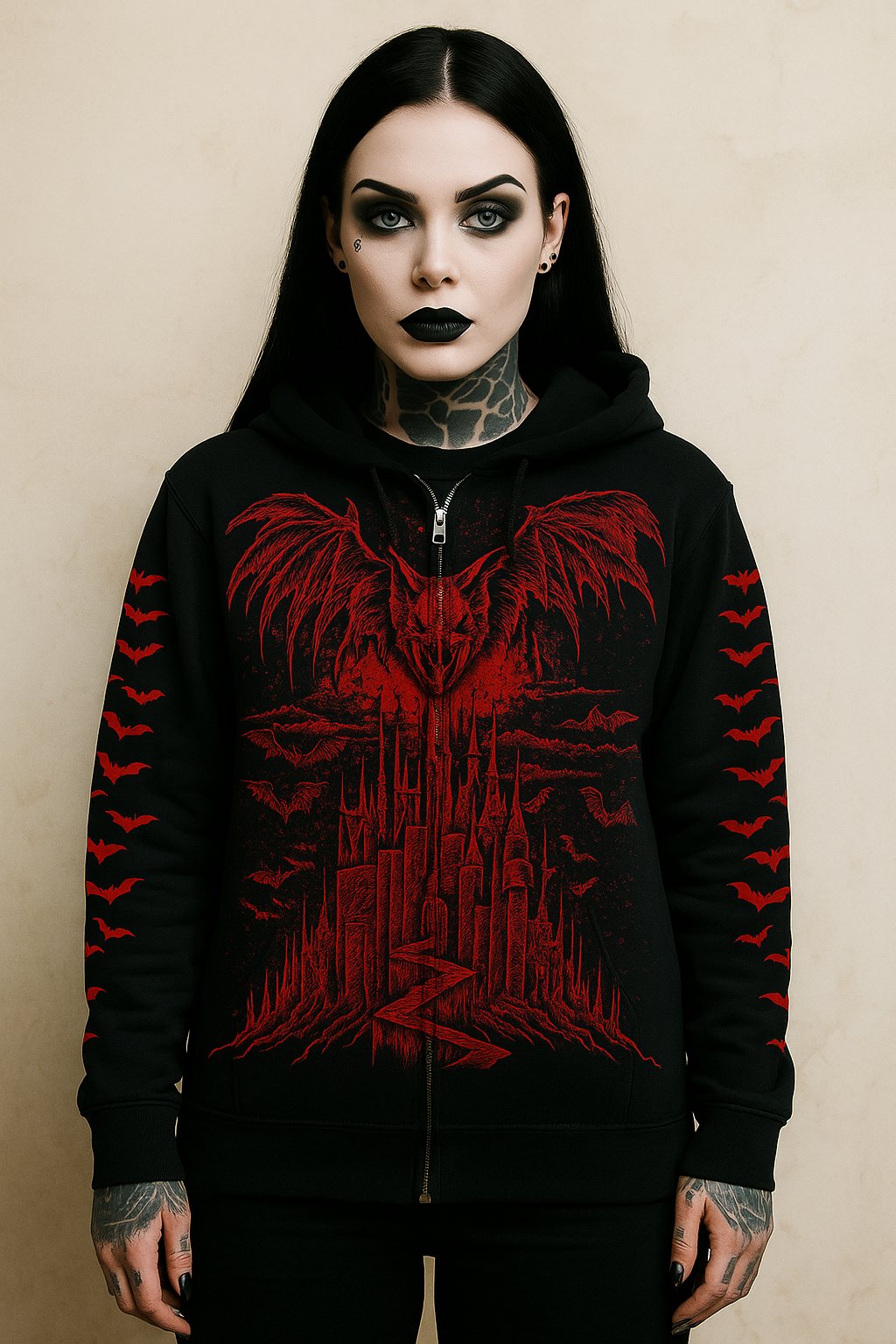 Blood Bat Castle – Red Gothic Zipper Hoodie