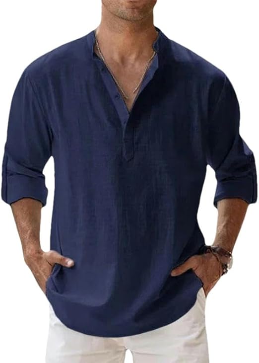 Men's Casual Cotton Linen Long Sleeve T-Shirt Breathable Lightweight Tops