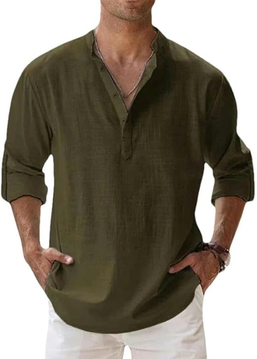 Men's Casual Cotton Linen Long Sleeve T-Shirt Breathable Lightweight Tops