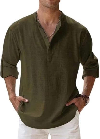 Men's Casual Cotton Linen Long Sleeve T-Shirt Breathable Lightweight Tops