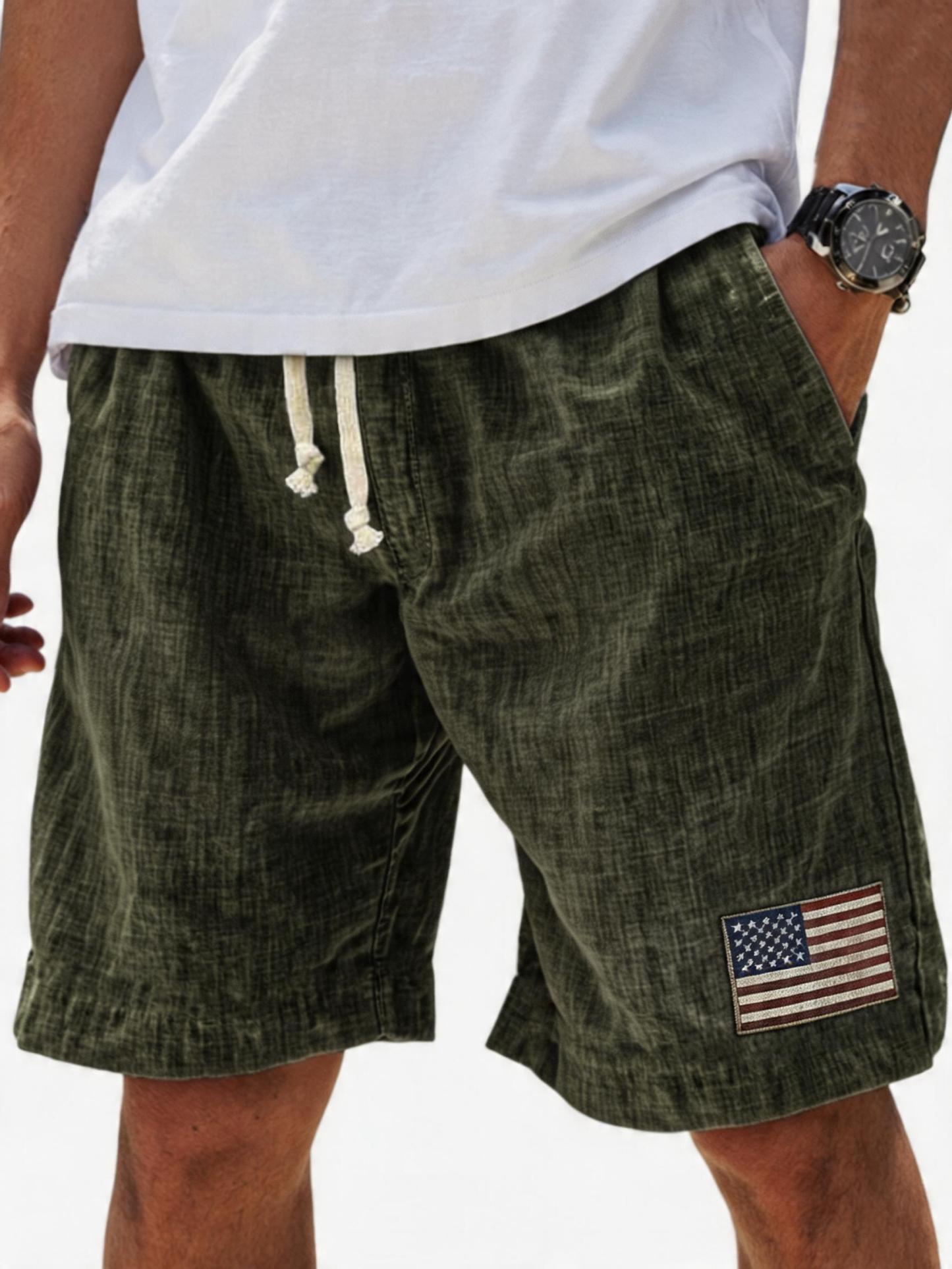 Men's Breathable Linen Embroidered Logo Loose Holiday Shorts