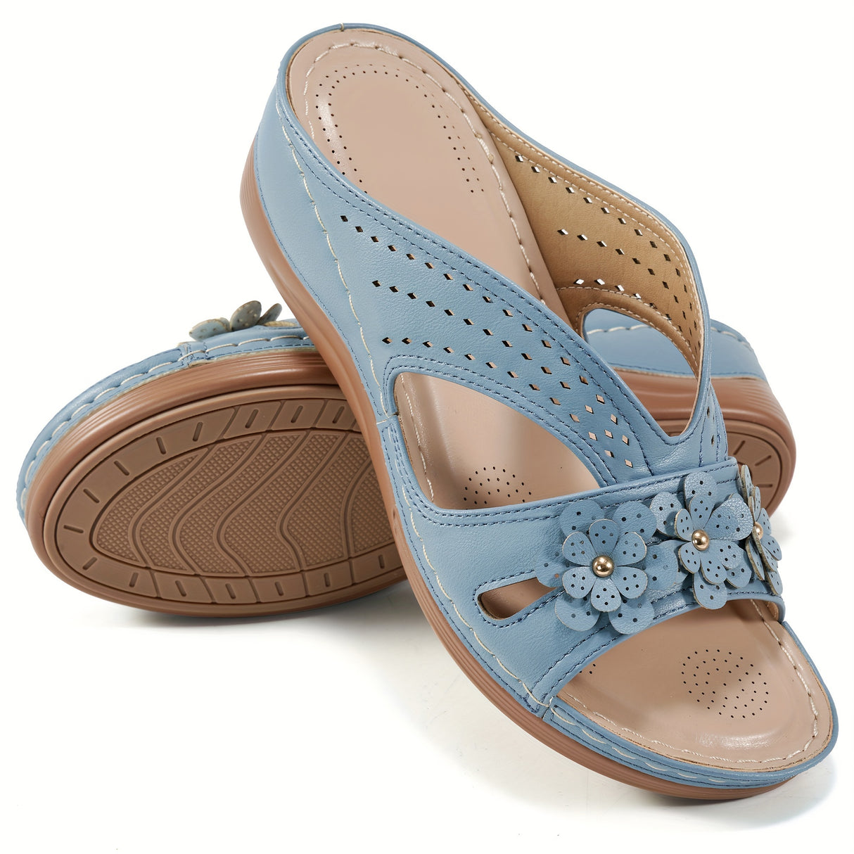 Women Wedge Heel Thick Soled Hollow Rivet Flower Slippers