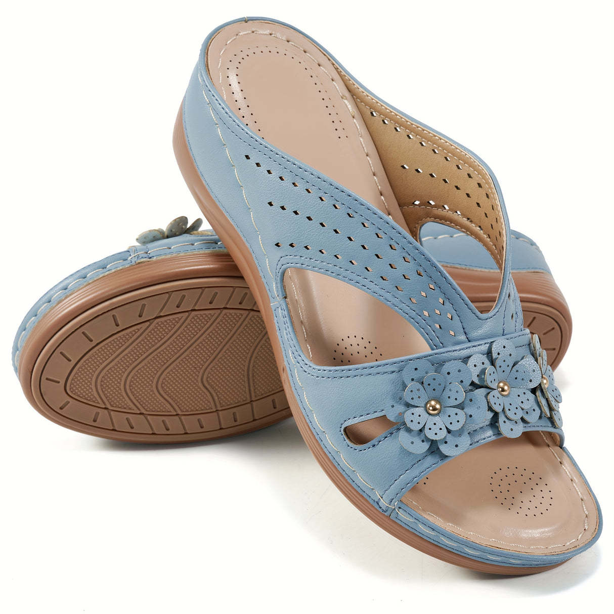 Women Wedge Heel Thick Soled Hollow Rivet Flower Slippers