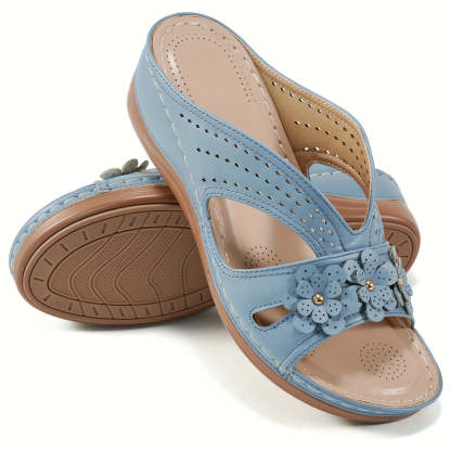 Women Wedge Heel Thick Soled Hollow Rivet Flower Slippers