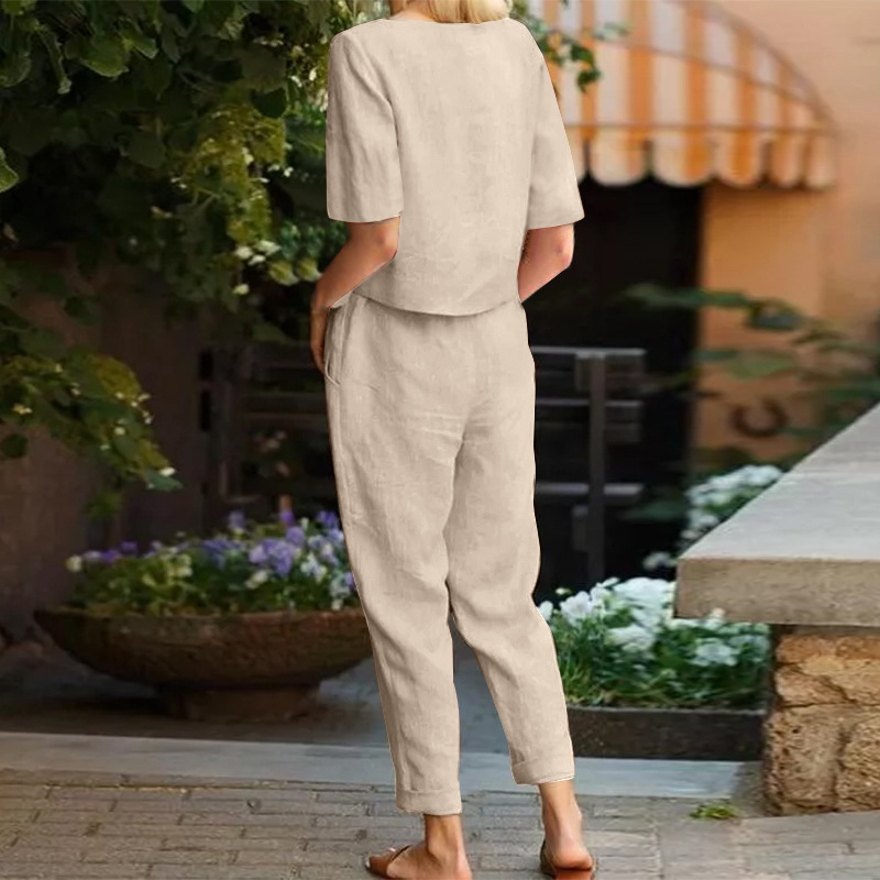 2026 new women's cotton and linen set half sleeve + wide leg pants