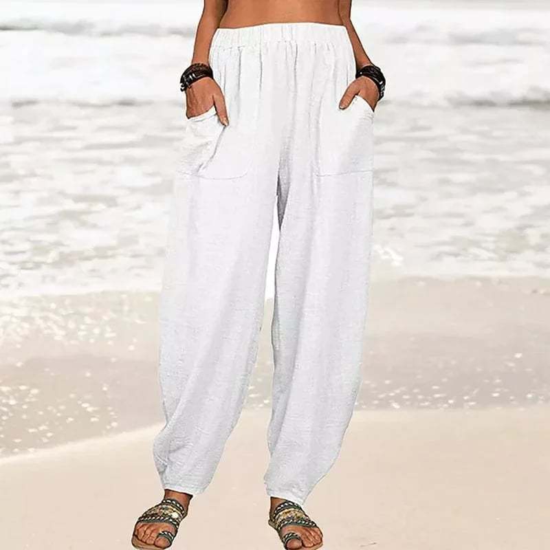 Women's Casual Cotton Linen Pants Solid Color Loose Fit Comfortable Breathable Summer Trousers