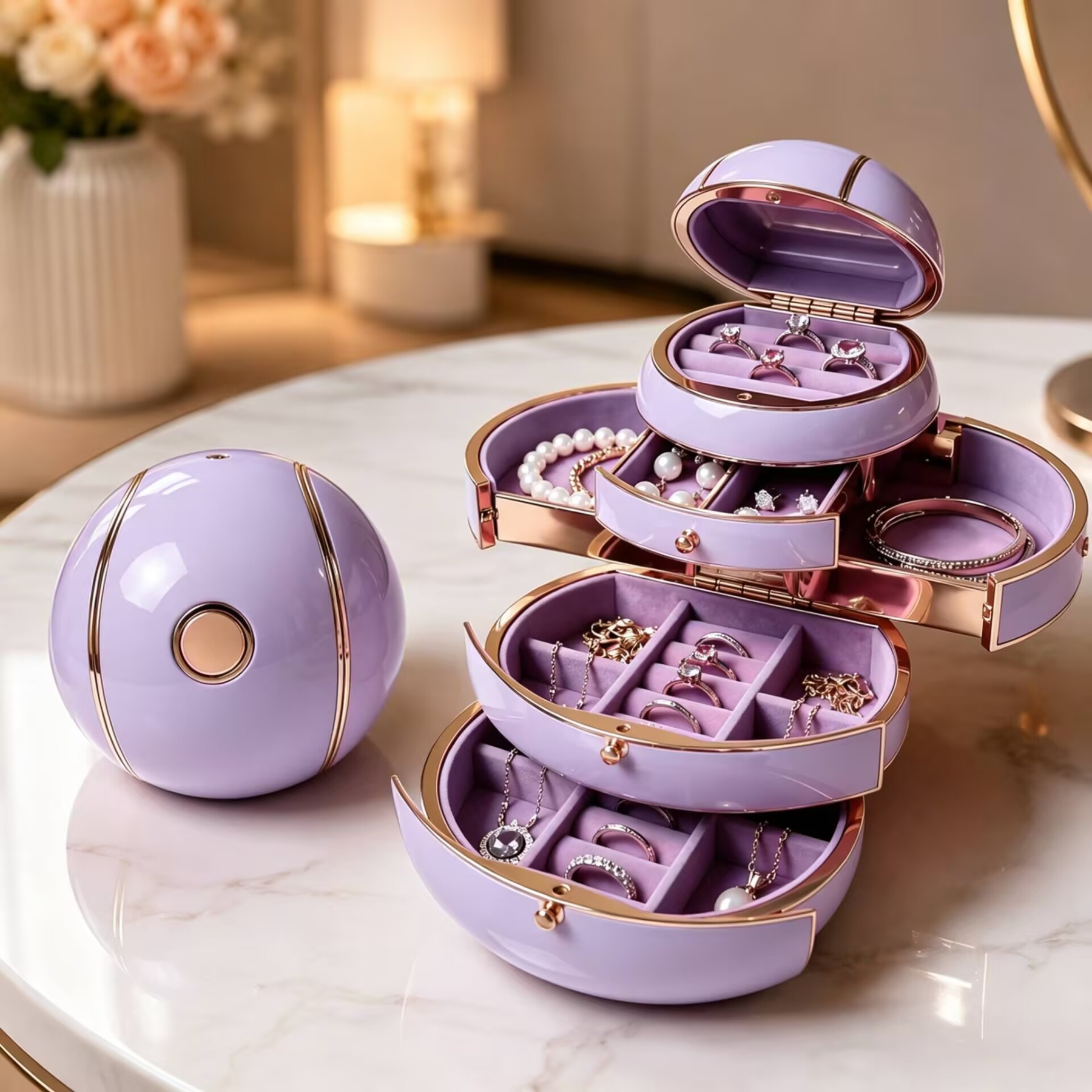 One-Touch Flower-Opening Spherical Jewelry Box