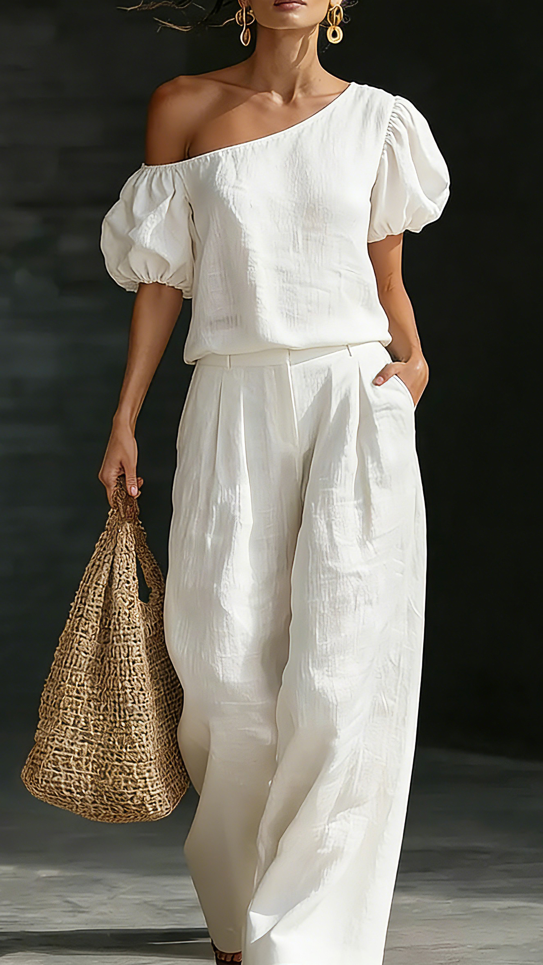 Casual & Comfortable Minimalist-Style Two-Piece Set: Off-Shoulder Linen Top with Puff Sleeves