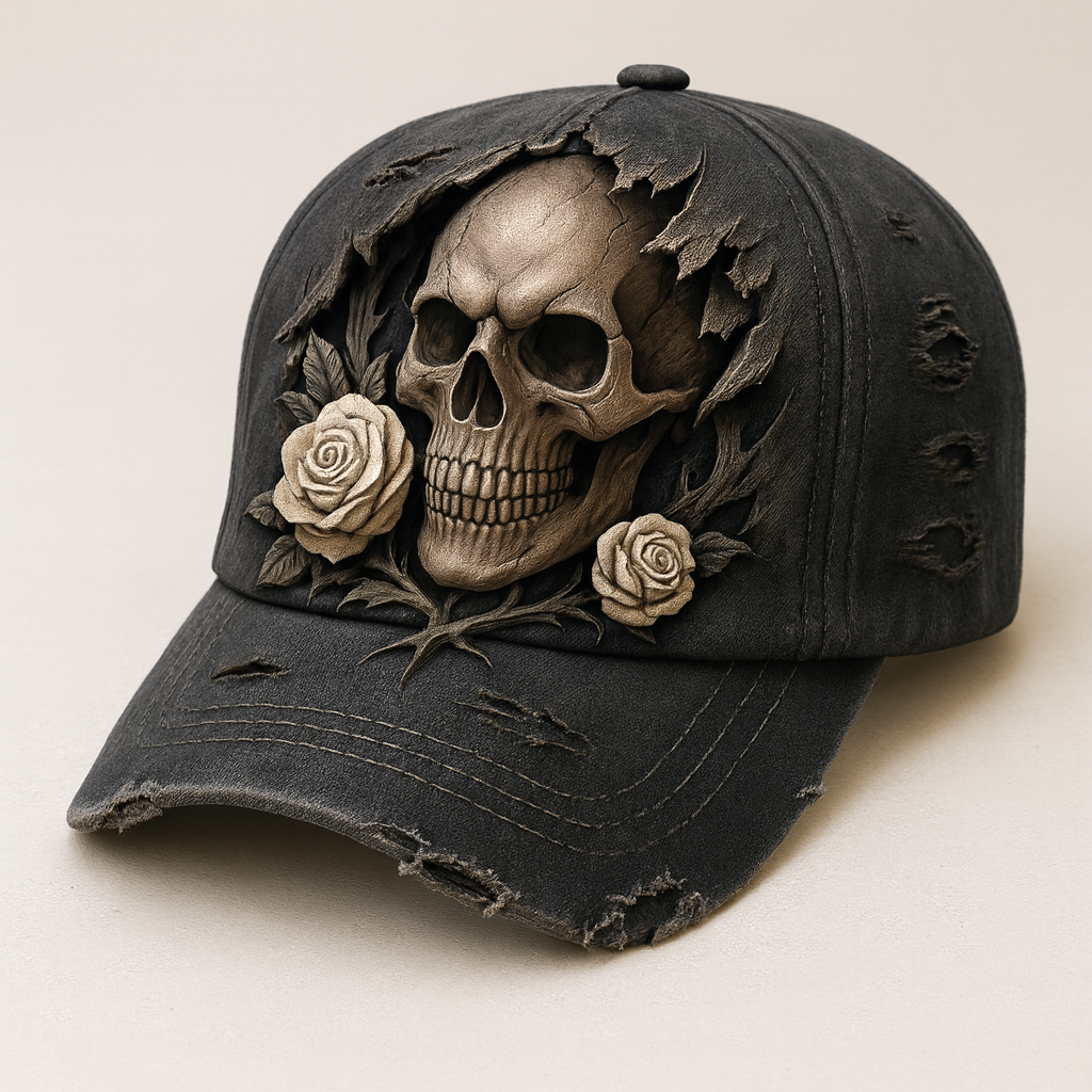 🧢 Gothic Skull Rose Baseball Cap | Torn Shadow Edition
