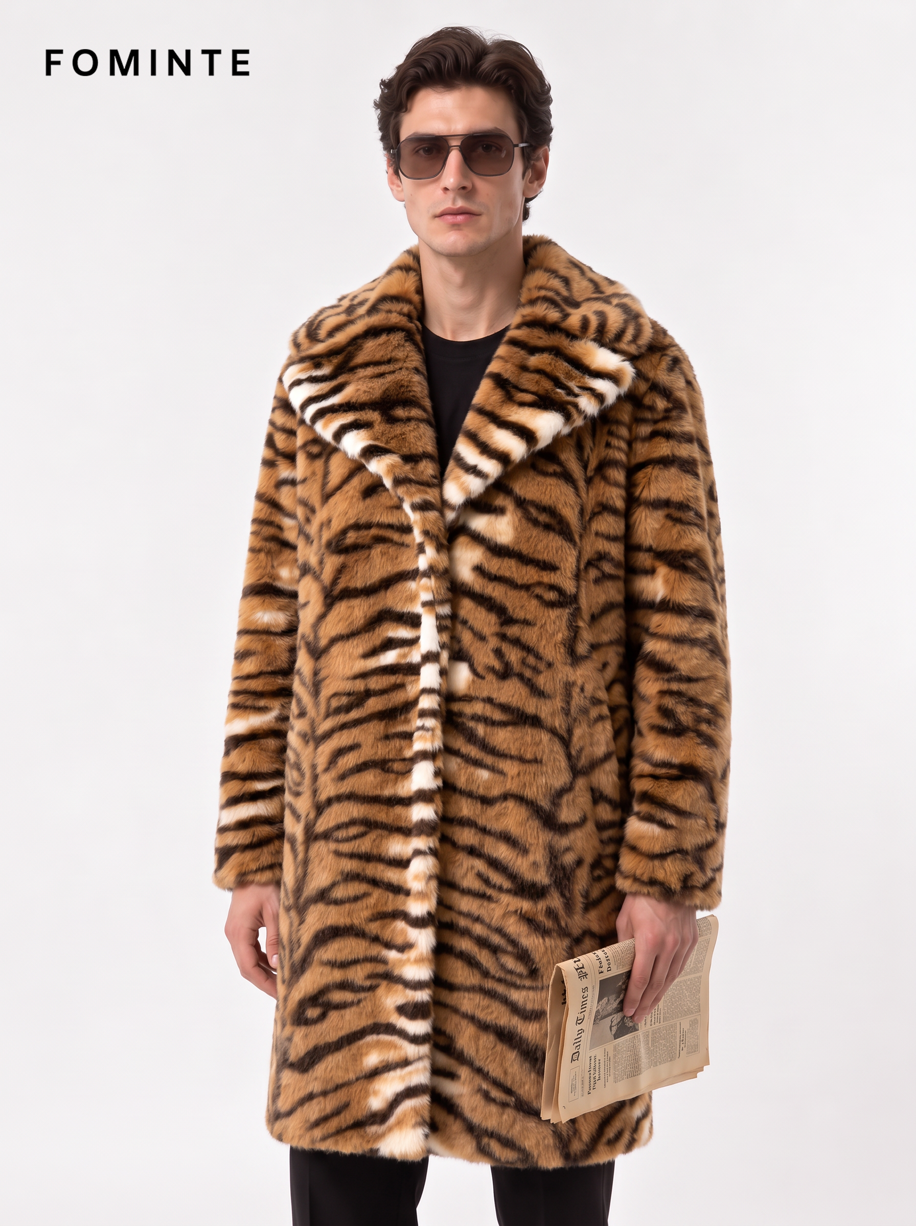 Warm Ivory Tiger-Inspired Faux Fur Coat