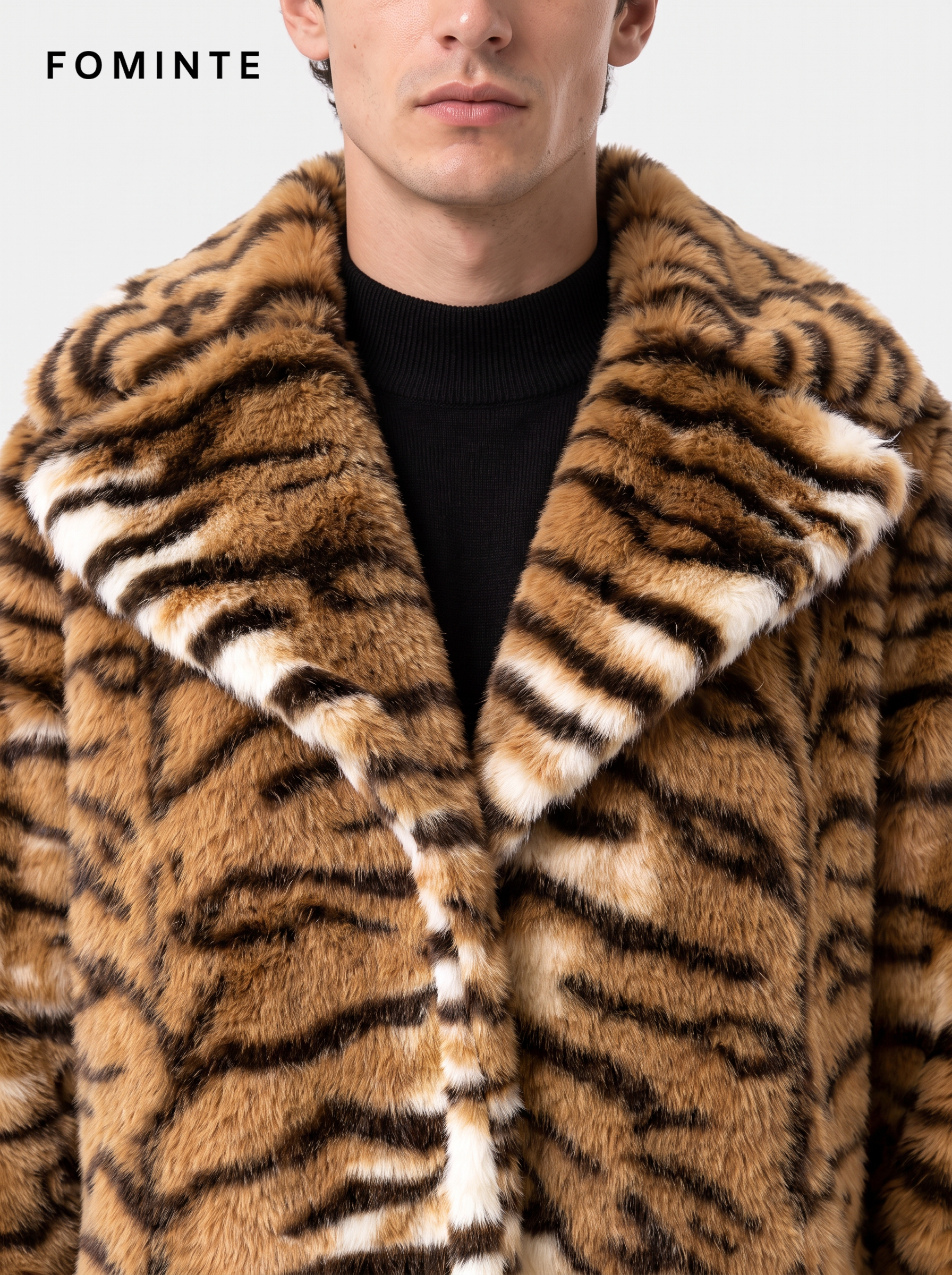 Warm Ivory Tiger-Inspired Faux Fur Coat