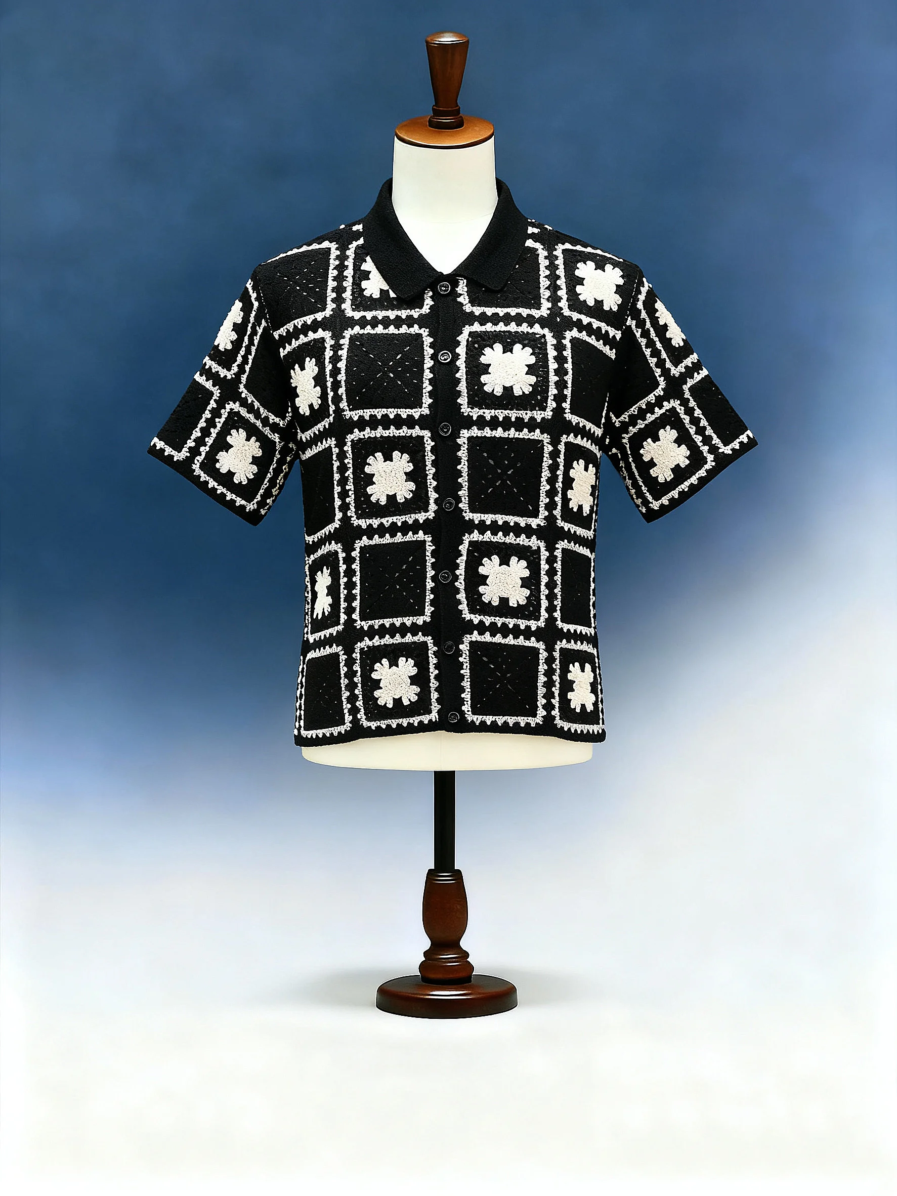Men's Checkerboard Floral Crochet Shirt - FM0101000043