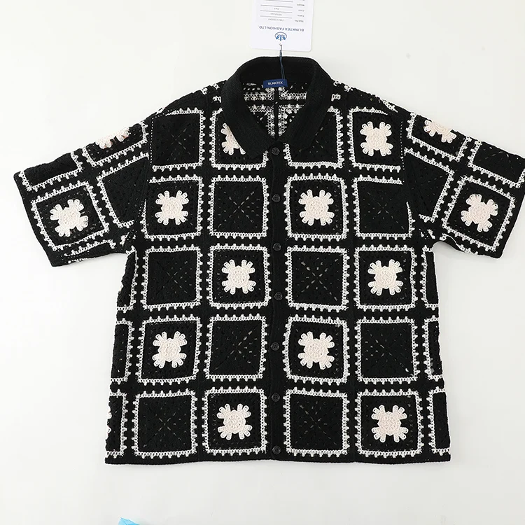 Men's Checkerboard Floral Crochet Shirt - FM0101000043