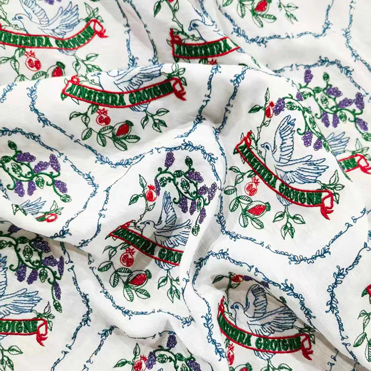 Tencel-Linen Embroidered Dove & Floral Fabric - 001-1