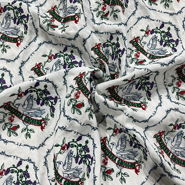 Tencel-Linen Embroidered Dove & Floral Fabric - 001-1