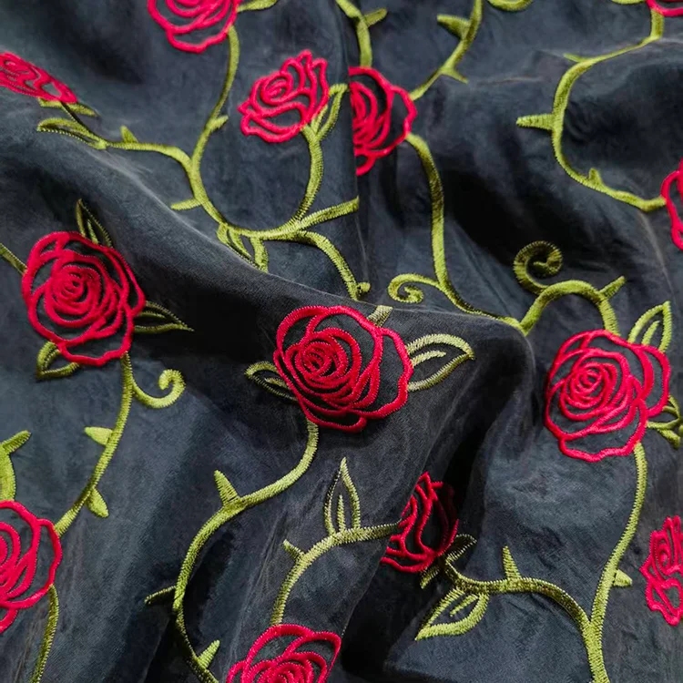 Dark Floral Embroidered Tencel Viscose Fabric - 001-3