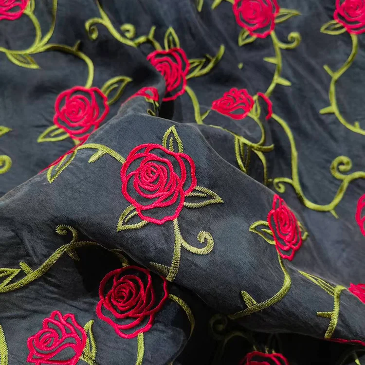 Dark Floral Embroidered Tencel Viscose Fabric - 001-3