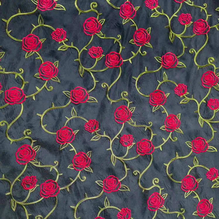 Dark Floral Embroidered Tencel Viscose Fabric - 001-3
