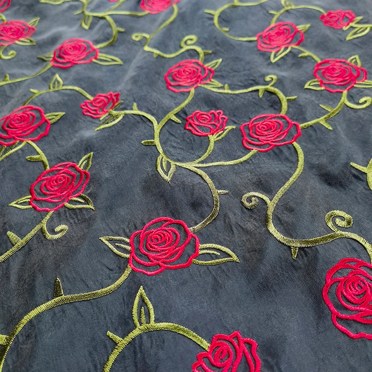 Dark Floral Embroidered Tencel Viscose Fabric - 001-3