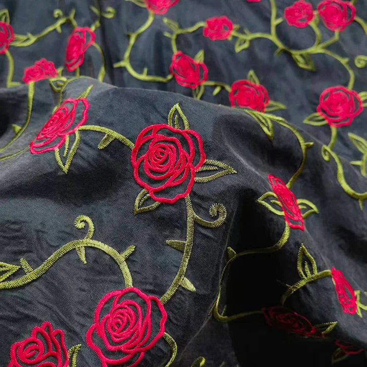 Dark Floral Embroidered Tencel Viscose Fabric - 001-3