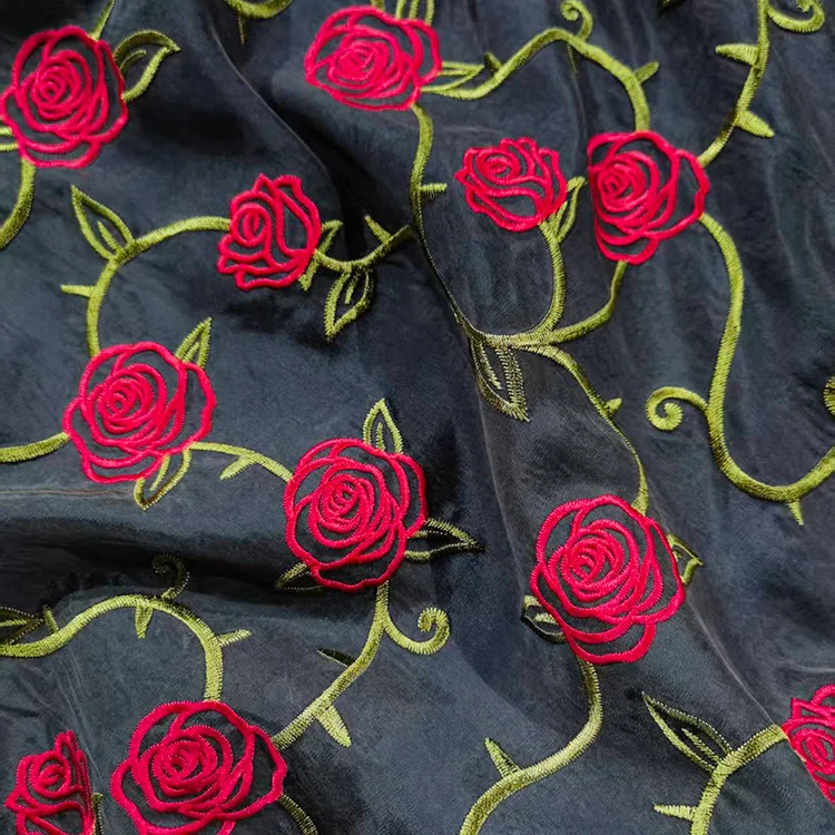 Dark Floral Embroidered Tencel Viscose Fabric - 001-3