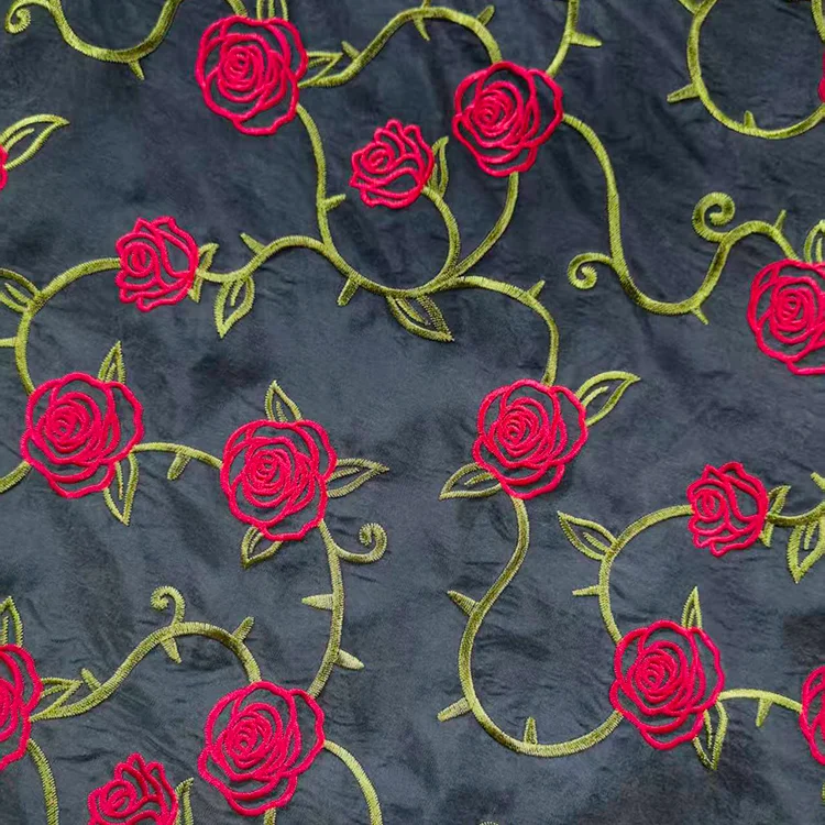 Dark Floral Embroidered Tencel Viscose Fabric - 001-3