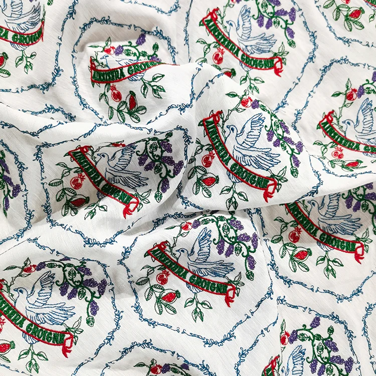 Tencel-Linen Embroidered Dove & Floral Fabric - 001-1